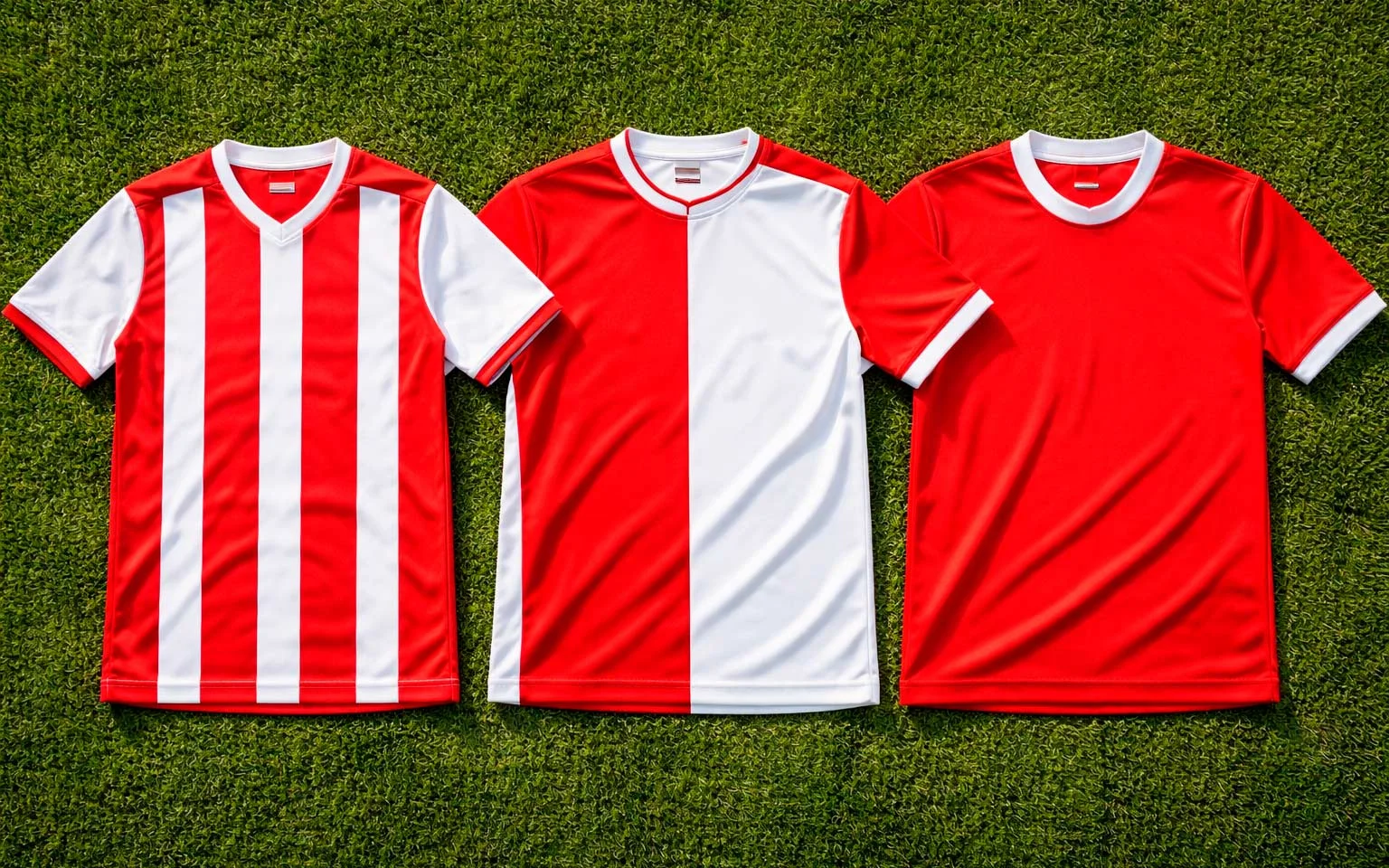 Drie voetbalshirts van Ajax, PSV en Feyenoord naast elkaar op een grasveld