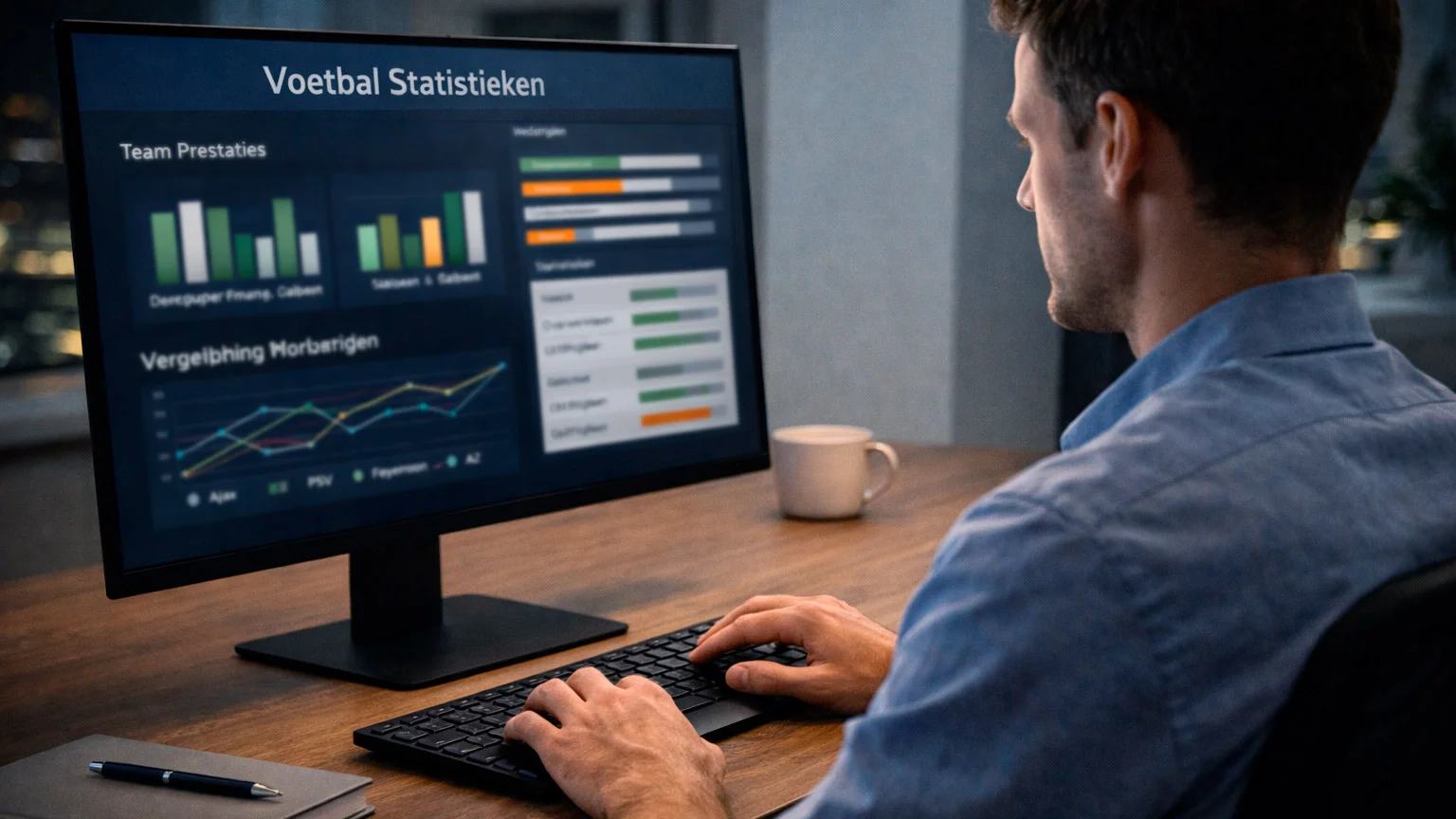 Analist bekijkt voetbalstatistieken op computerscherm