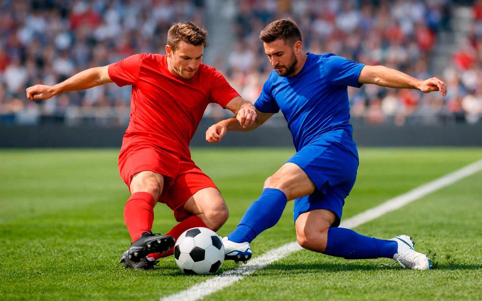 Voetballers in actie op een groen veld tijdens een competitiewedstrijd