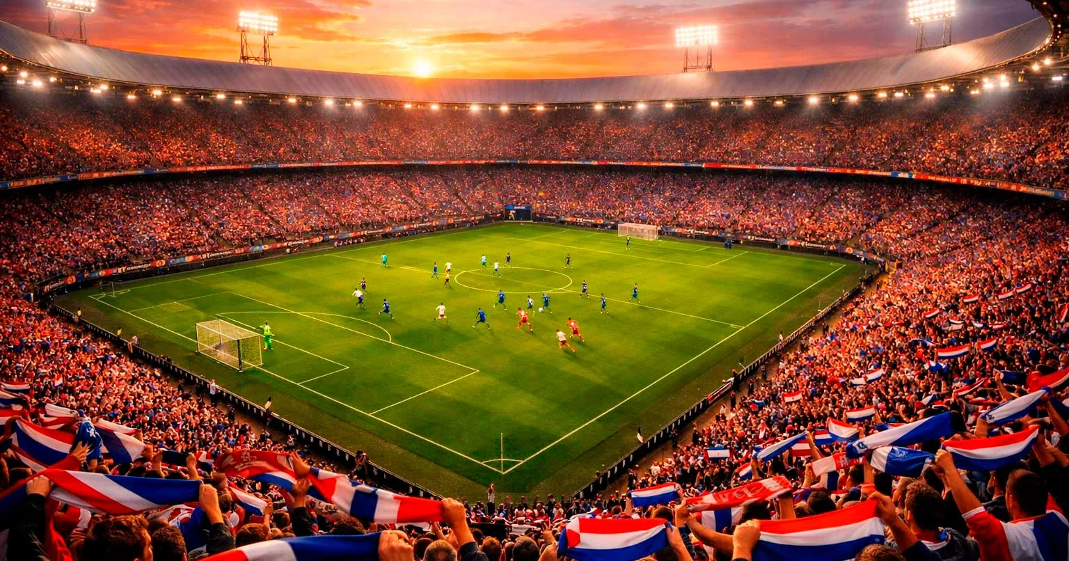 Voetbalstadion gevuld met supporters tijdens Eredivisie-wedstrijd