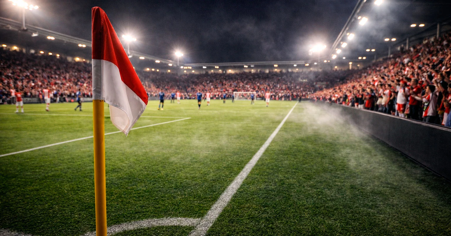 Philips Stadion PSV met avondbelichting en supporters op tribune