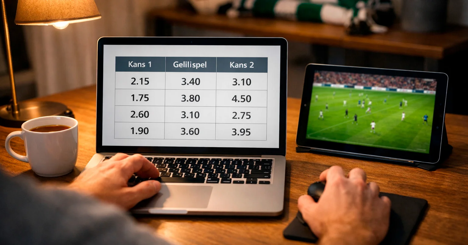 Wedder die odds vergelijkt op laptop met voetbalwedstrijd op achtergrond