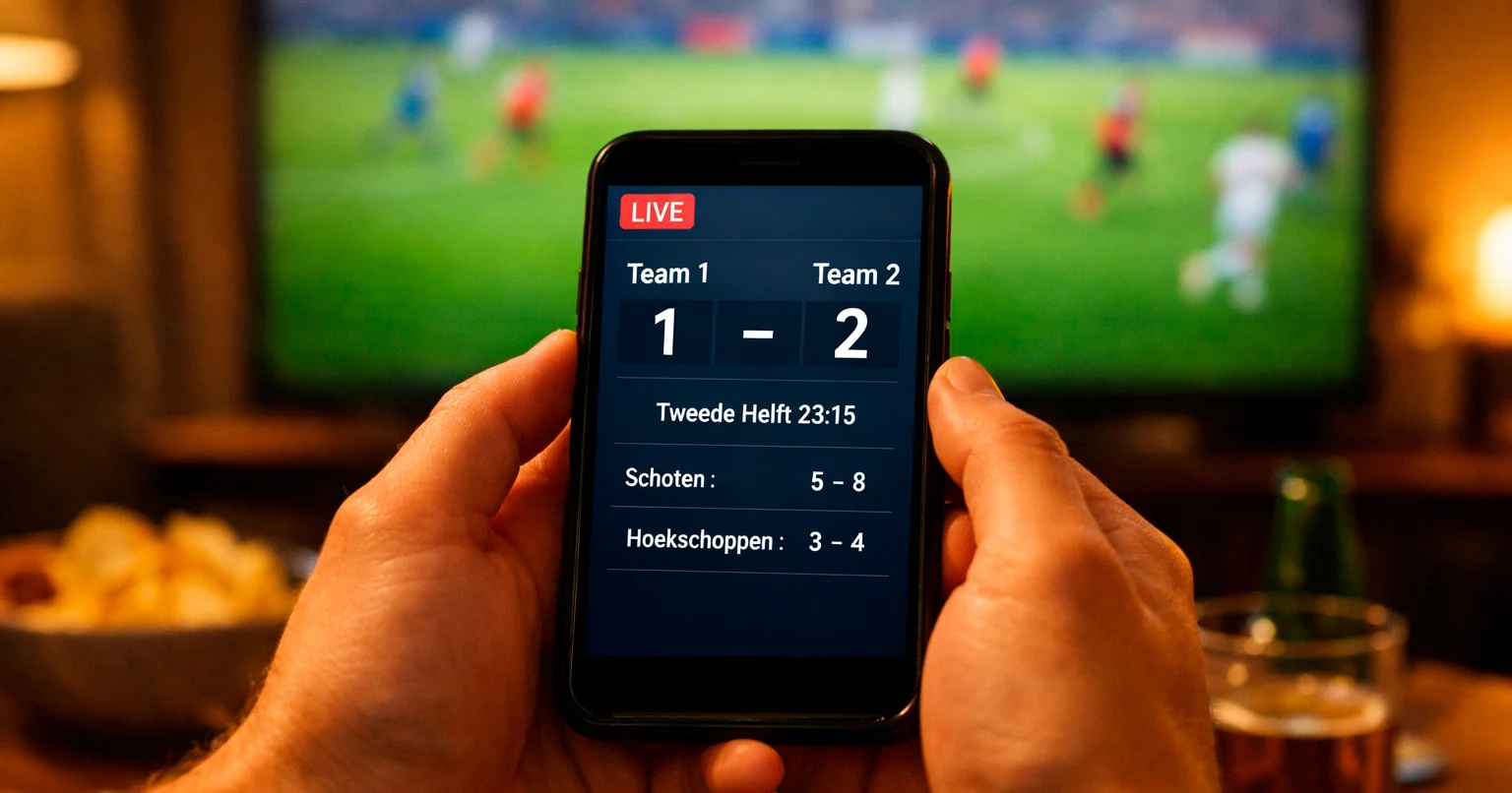 Voetbalfan kijkt naar live Eredivisie-wedstrijd op smartphone