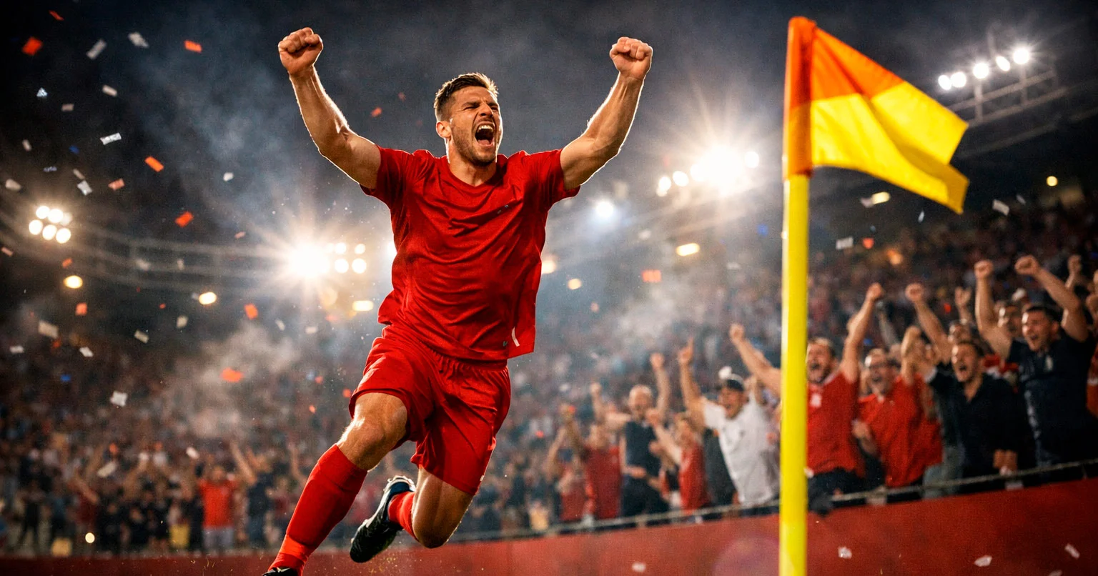 Voetbalspeler viert doelpunt terwijl supporters juichen op tribune