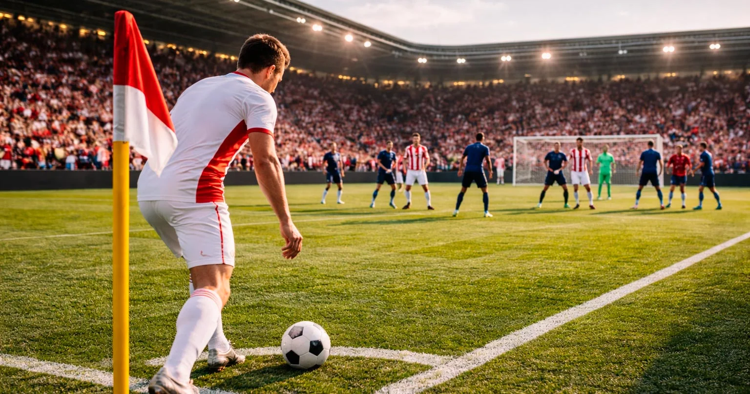 Voetballer neemt hoekschop met verdedigers in het strafschopgebied