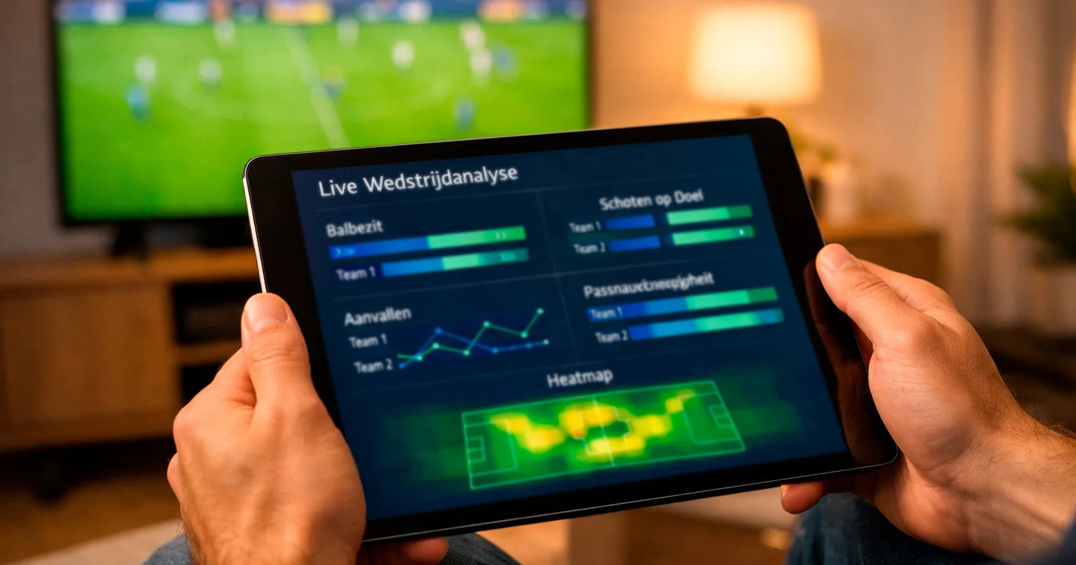 Persoon bekijkt live voetbalstatistieken op tablet tijdens wedstrijd
