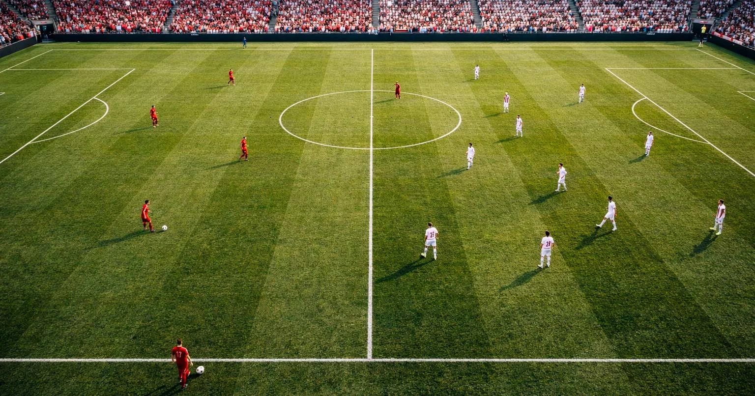 Voetbalwedstrijd met aanduiding van thuisploeg en uitploeg posities