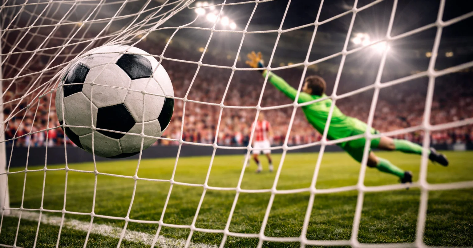 Voetballer scoort doelpunt met keeper die bal niet kan stoppen