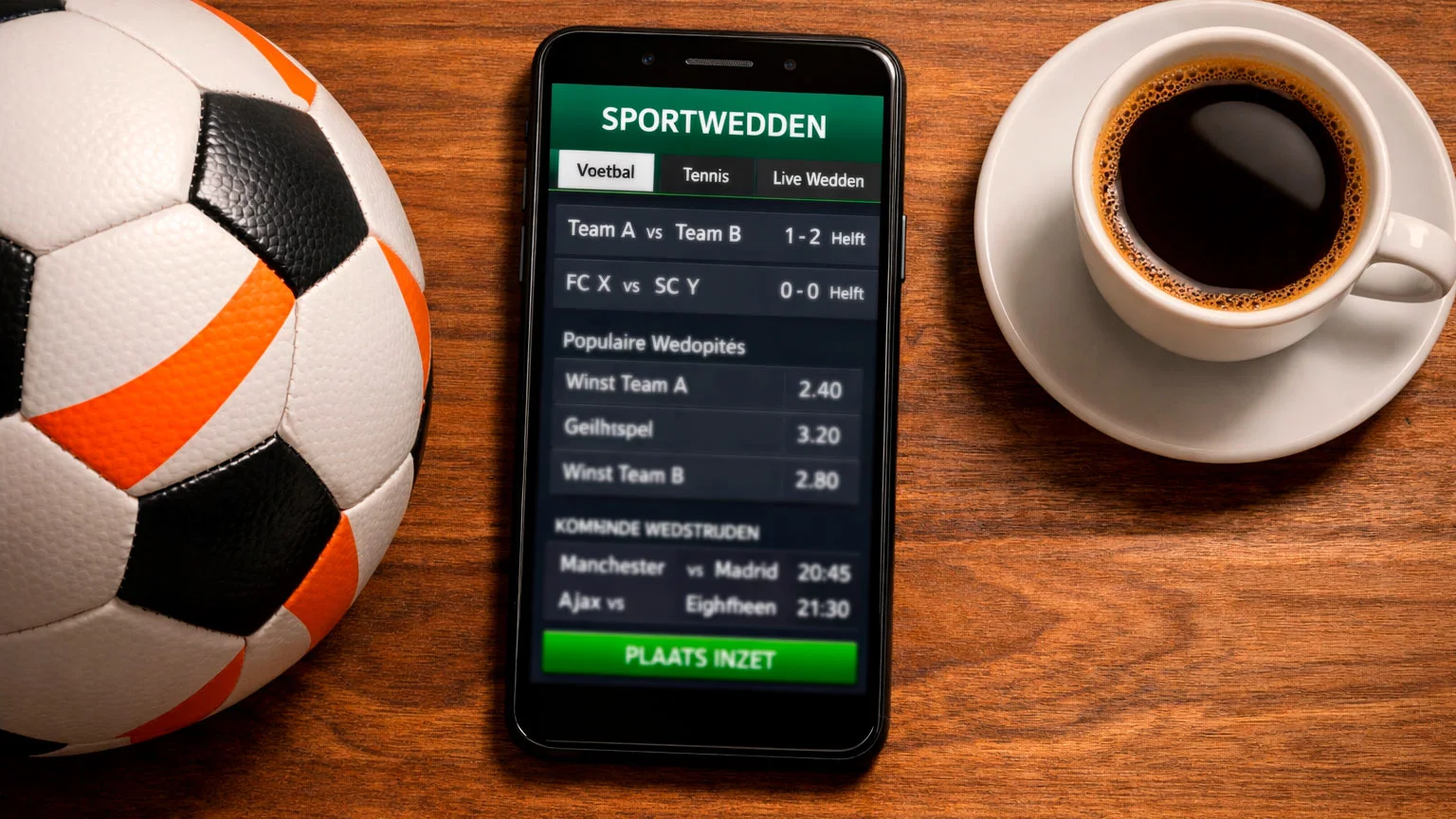 Smartphone met sportwedden app naast Eredivisie voetbal